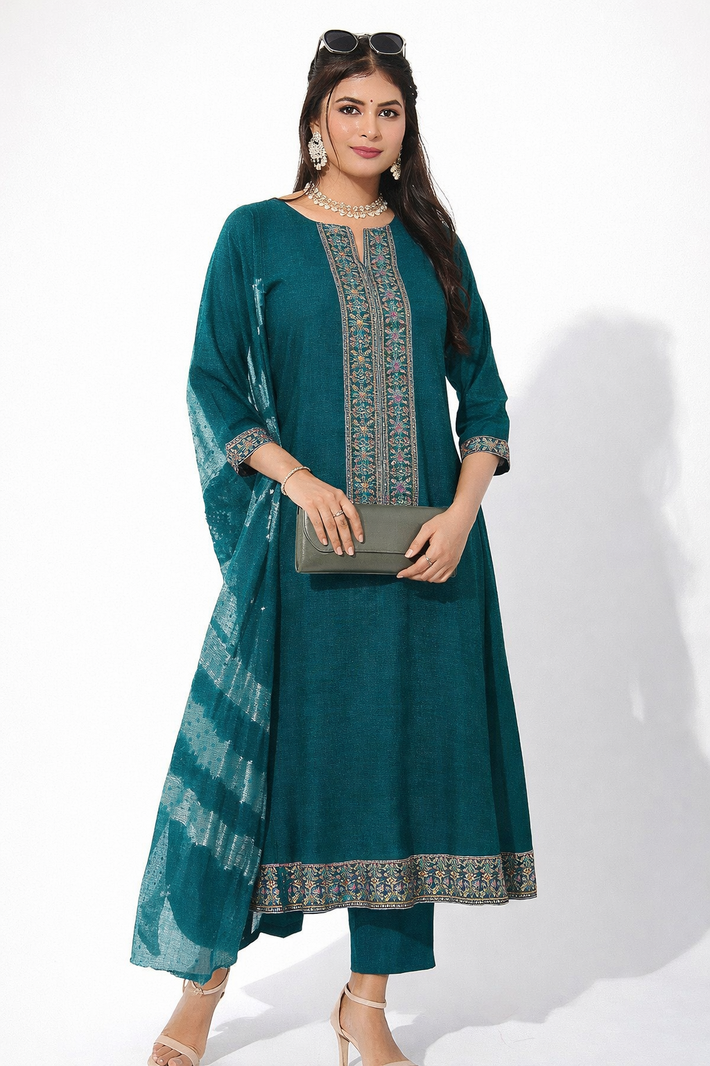 Teal embroidered kurti set with dupatta for women — Kaalpanikaa