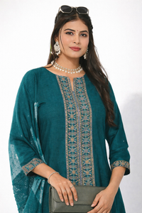 Teal Embroidered Kurti Set with Dupatta