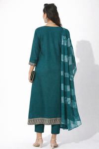 Teal Embroidered Kurti Set with Dupatta