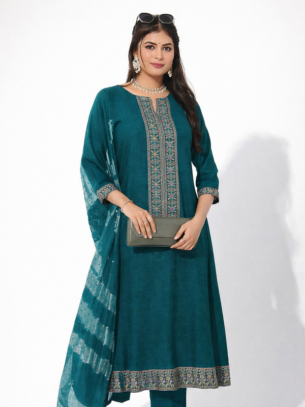 Teal embroidered kurti set with dupatta for women — Kaalpanikaa