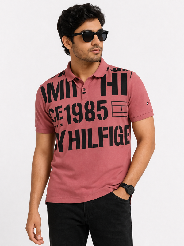 Men's rose pink printed polo t-shirt — front view — Kaalpanikaa