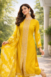 Mustard Yellow Embroidered Kurti Set with Dupatta