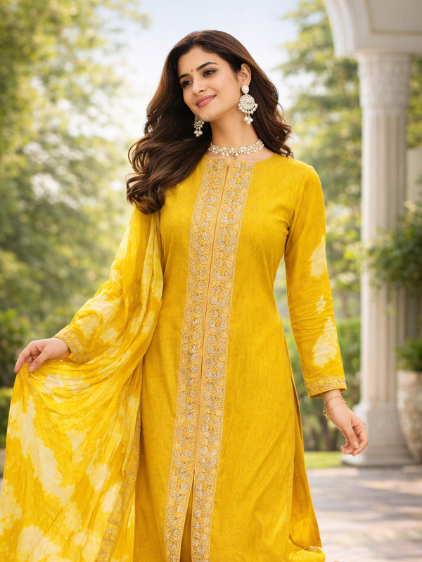 Mustard Yellow Embroidered Kurti Set with Dupatta