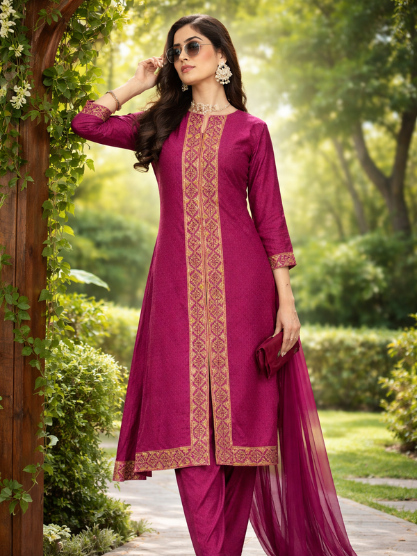 Elegant Magenta Embroidered Kurti Set with Dupatta