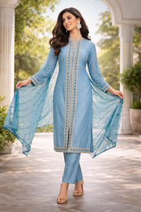 Sky Blue Embroidered Kurti Set with Dupatta