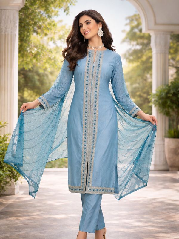Sky Blue Embroidered Kurti Set with Dupatta