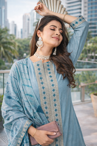 Sky Blue Embroidered Kurti Set with Dupatta