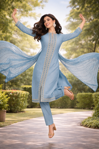 Sky Blue Embroidered Kurti Set with Dupatta