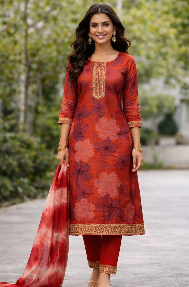 Red floral 3-piece kurti set with dupatta and matching pants for women — Kaalpanikaa