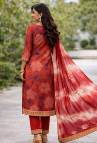 Red Floral Kurti Set with Dupatta (3-Piece)