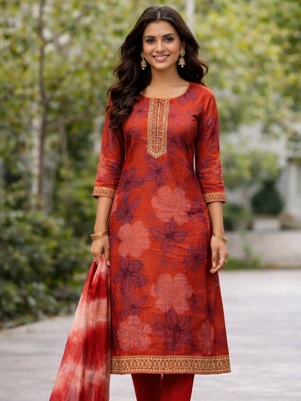 Red floral 3-piece kurti set with dupatta and matching pants for women — Kaalpanikaa