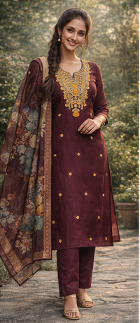 Maroon embroidered kurti set with dupatta for women — Kaalpanikaa