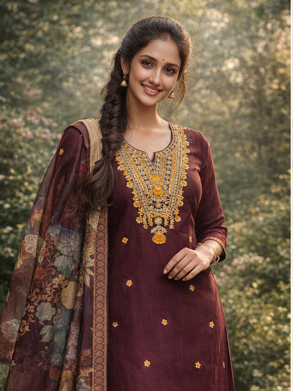 Maroon embroidered kurti set with dupatta for women — Kaalpanikaa