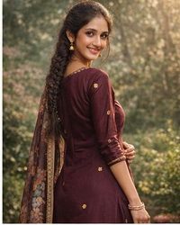Maroon Embroidered Kurti Set with Dupatta (3-Piece)