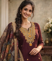 Maroon Embroidered Kurti Set with Dupatta (3-Piece)