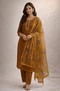 Mustard Embroidered Kurti Set