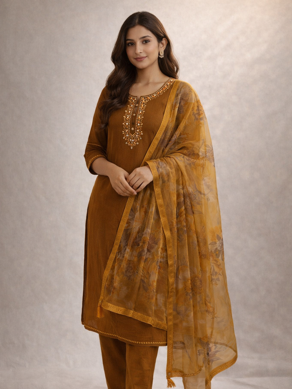 Mustard Embroidered Kurti Set