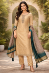Beige Gold Embroidered Kurti Set with Dupatta (3-Piece)