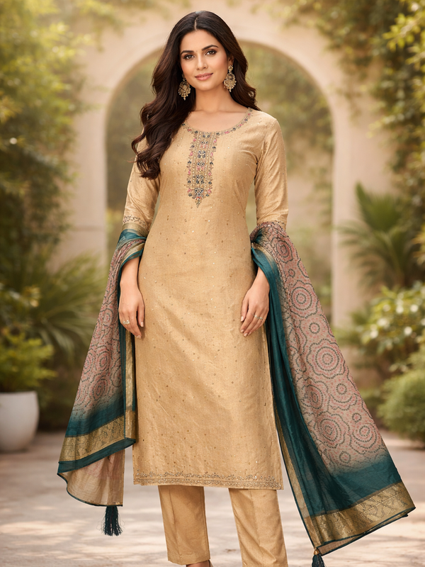 Beige gold embroidered 3-piece kurti set with dupatta for women — Kaalpanikaa