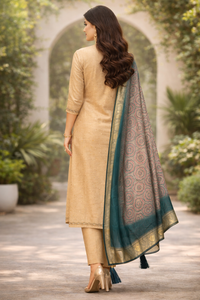 Beige Gold Embroidered Kurti Set with Dupatta (3-Piece)