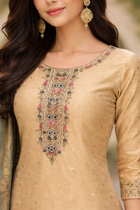 Beige Gold Embroidered Kurti Set with Dupatta (3-Piece)
