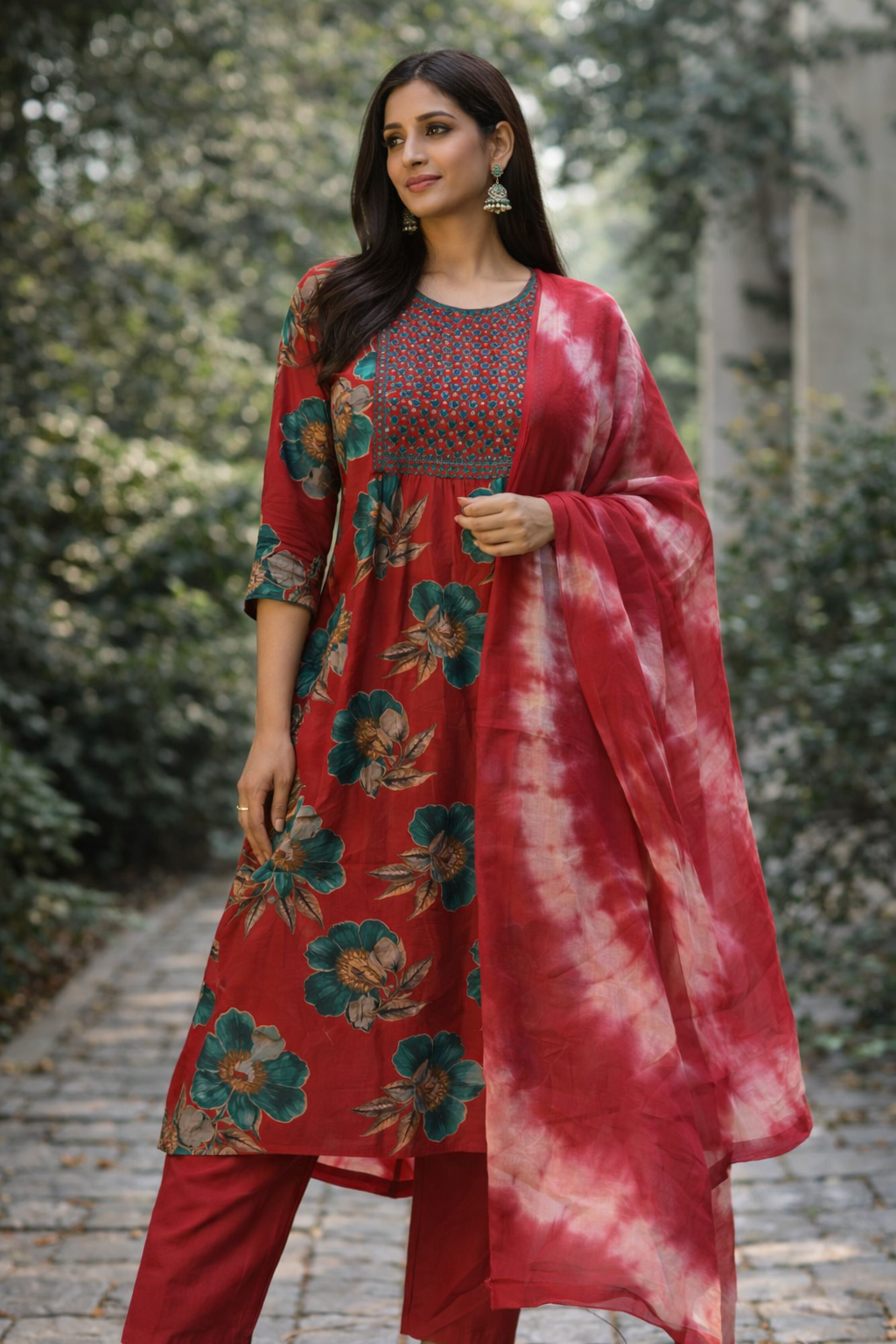 Red Floral Printed Kurti Set with Dupatta