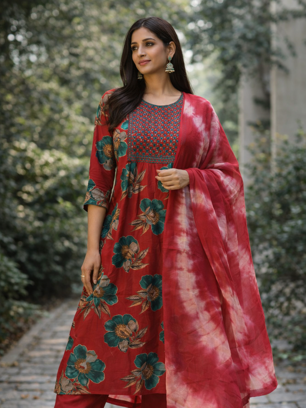 Red floral printed kurti set with dupatta for women — front view — Kaalpanikaa