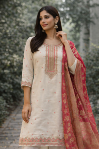 Elegant Off-White Embroidered Kurti Set with Dupatta
