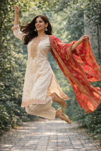 Elegant Off-White Embroidered Kurti Set with Dupatta