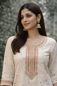 Elegant Off-White Embroidered Kurti Set with Dupatta
