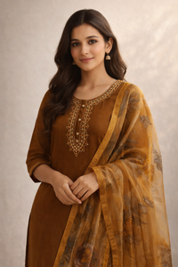 Mustard Embroidered Kurti Set
