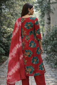 Red Floral Printed Kurti Set with Dupatta