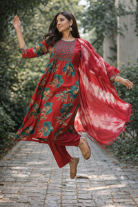 Red Floral Printed Kurti Set with Dupatta