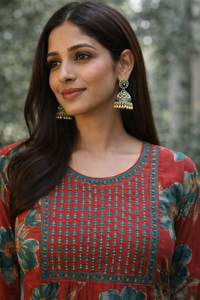 Red Floral Printed Kurti Set with Dupatta