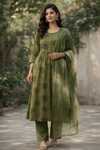 Olive Green Printed Kurti Set (Top, Bottom & Dupatta)