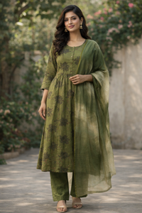 Olive Green Printed Kurti Set (Top, Bottom & Dupatta)