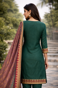 Elegant green embroidered kurti set with dupatta for women — back view — Kaalpanikaa