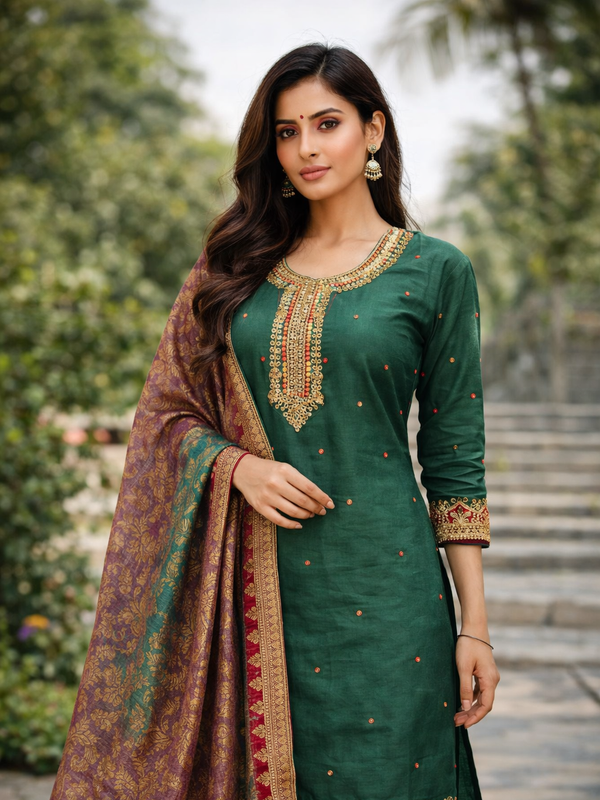 "Elegant Green Embroidered Kurti Set with Dupatta"