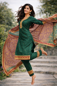 Elegant green embroidered kurti set with dupatta for women — side view — Kaalpanikaa