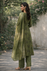 Olive Green Printed Kurti Set (Top, Bottom & Dupatta)
