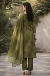Olive Green Printed Kurti Set (Top, Bottom & Dupatta)