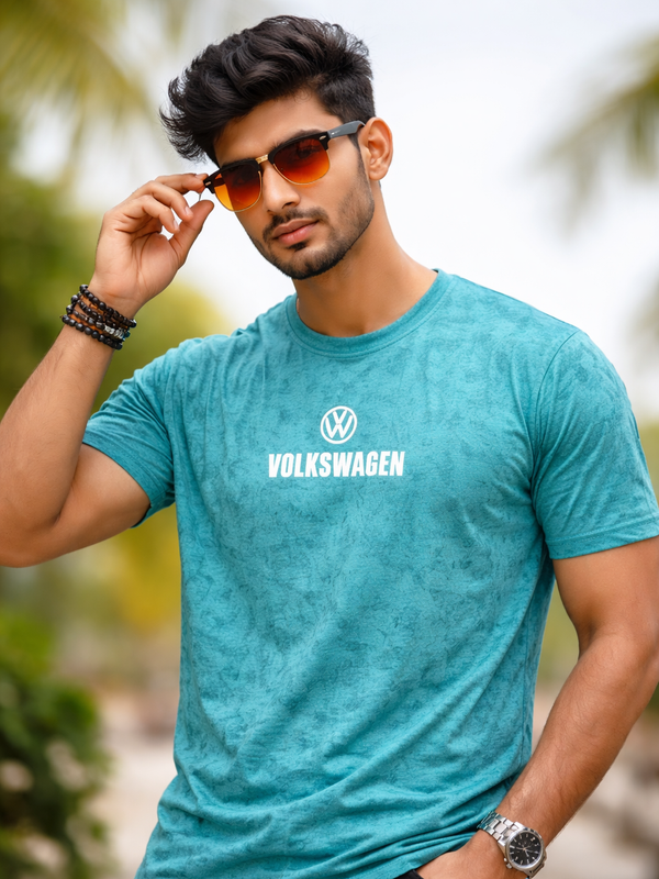 Men's turquoise printed t-shirt with Volkswagen design — front view — Kaalpanikaa