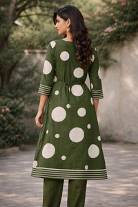 Green Polka Dot Kurti with Embroidered Yoke