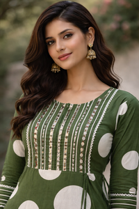 Green Polka Dot Kurti with Embroidered Yoke