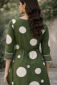 Green Polka Dot Kurti with Embroidered Yoke
