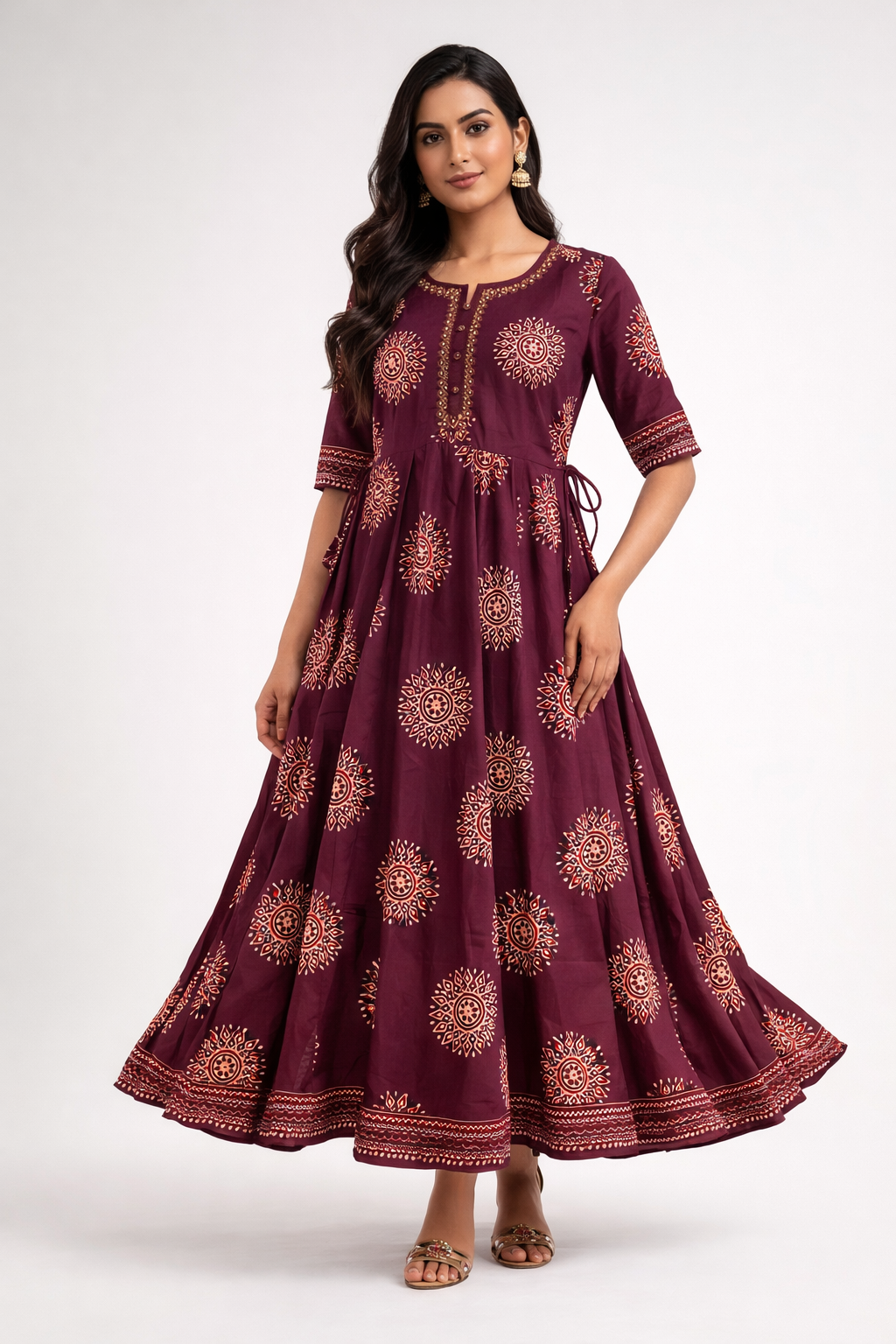 Elegant maroon block print Anarkali kurti for women — front view — Kaalpanikaa