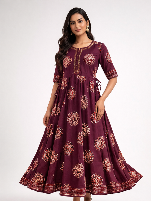 Elegant Maroon Block Print Anarkali Kurti