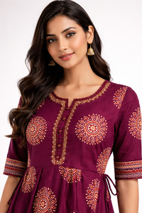 Elegant maroon block print Anarkali kurti for women — back view — Kaalpanikaa