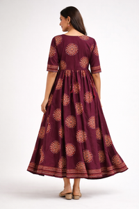 Elegant maroon block print Anarkali kurti for women — block print detail — Kaalpanikaa