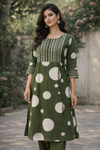 Green Polka Dot Kurti with Embroidered Yoke
